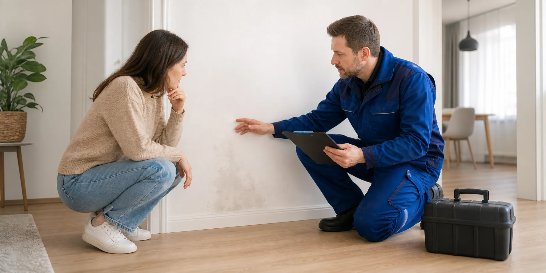 Bewohner und Techniker besprechen ruhig in einer Wohnung, ob ein Leck akut ist oder geordnet abgeklärt werden kann