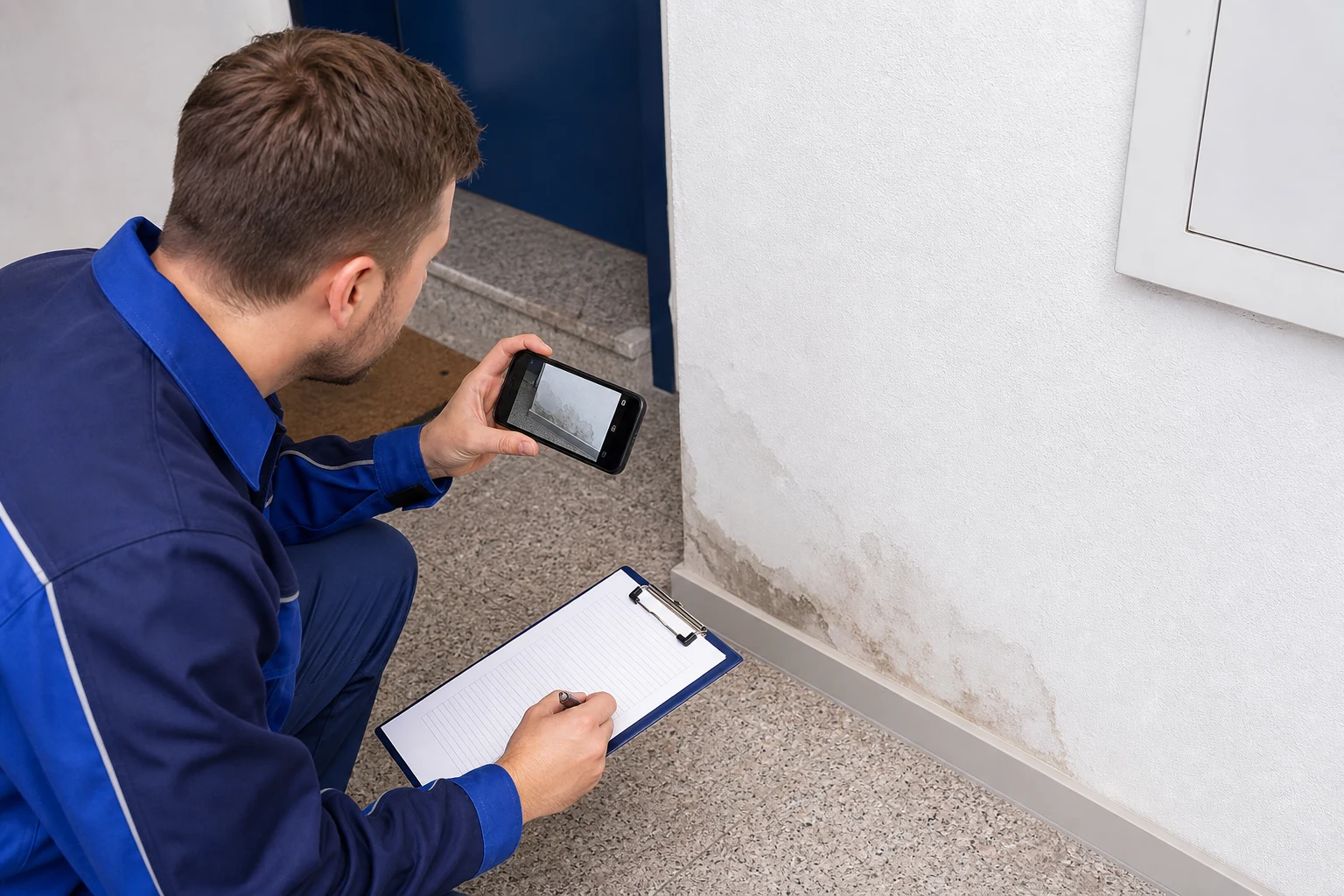 Techniker dokumentiert eine Feuchtezone entlang einer Wand- und Bodenkante