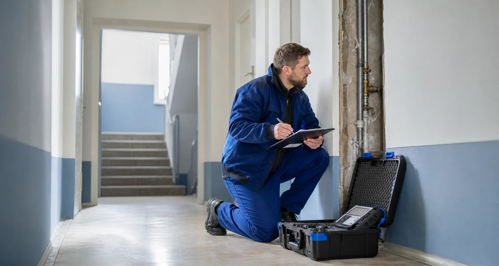 Leckortungstechniker bei einer ruhigen Erstaufnahme in einem Wohn- oder Technikbereich eines Mehrparteienhauses