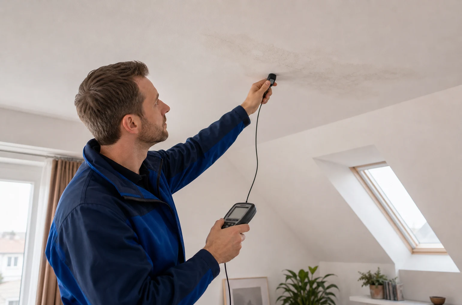 Techniker misst nach einem Flachdachleck einen Feuchtebereich an Decke und oberer Wand im Innenraum