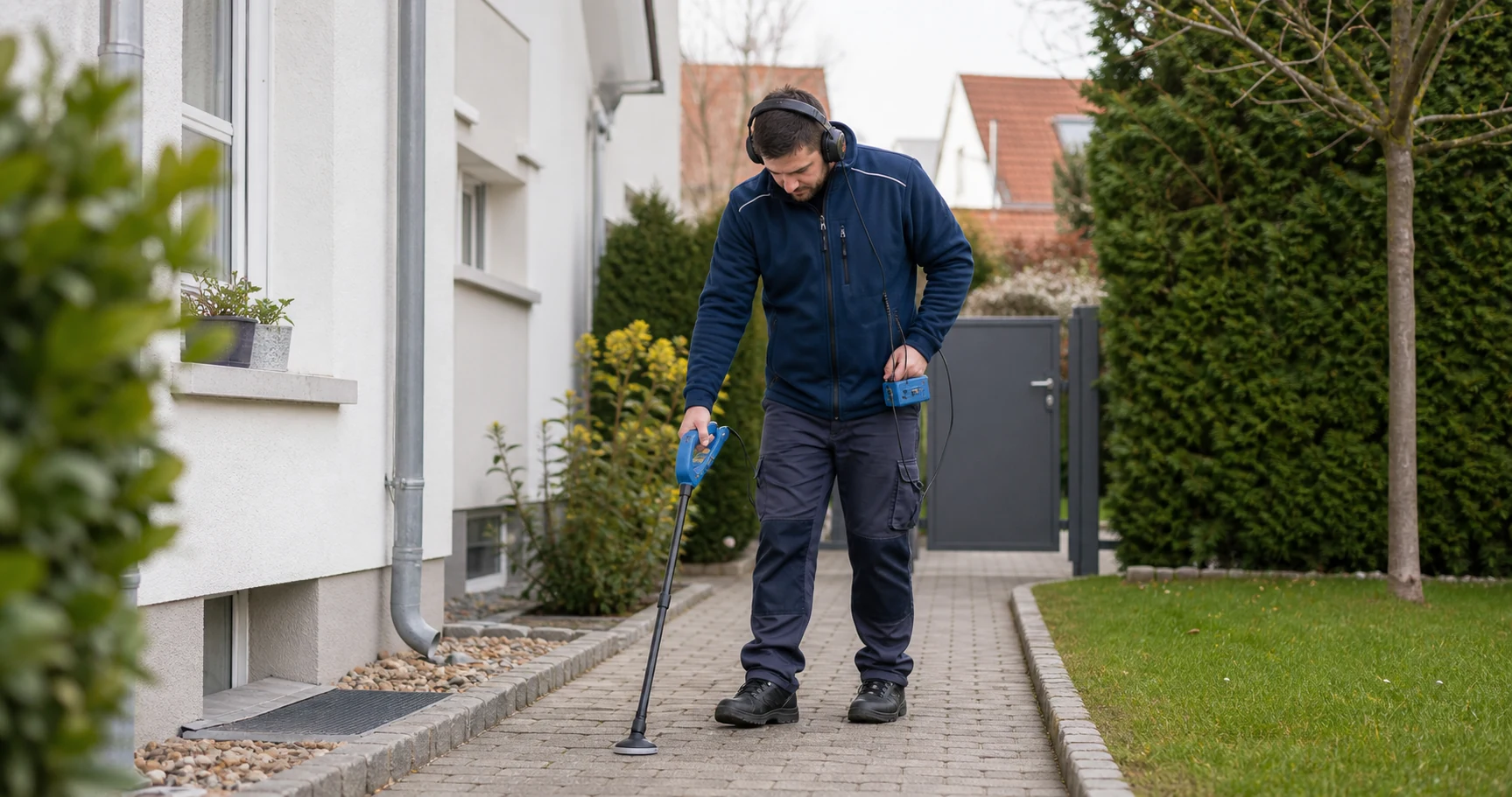 Sachliche Aussenbereichsszene mit Gartenweg, Erdreich und Techniker bei der Eingrenzung einer Wasserleitung ohne Aufgraben