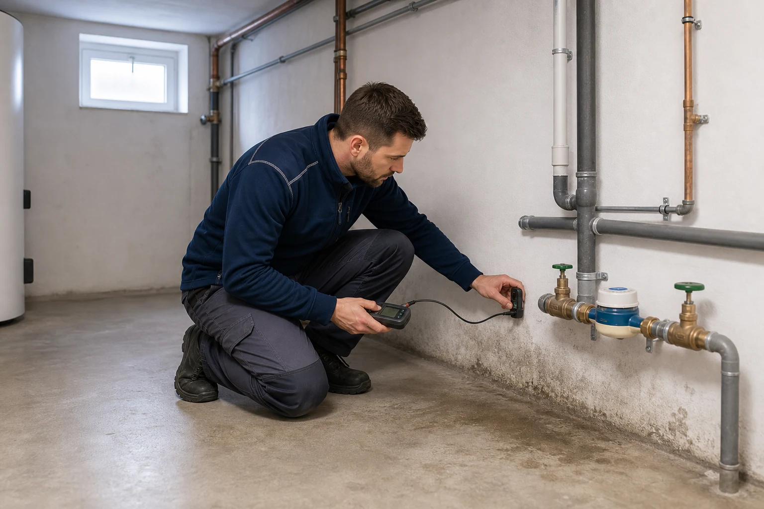 Techniker prueft in einem sauberen Keller- oder Technikraum eines Wohnobjekts Messpunkte an Wasserleitung und Wand