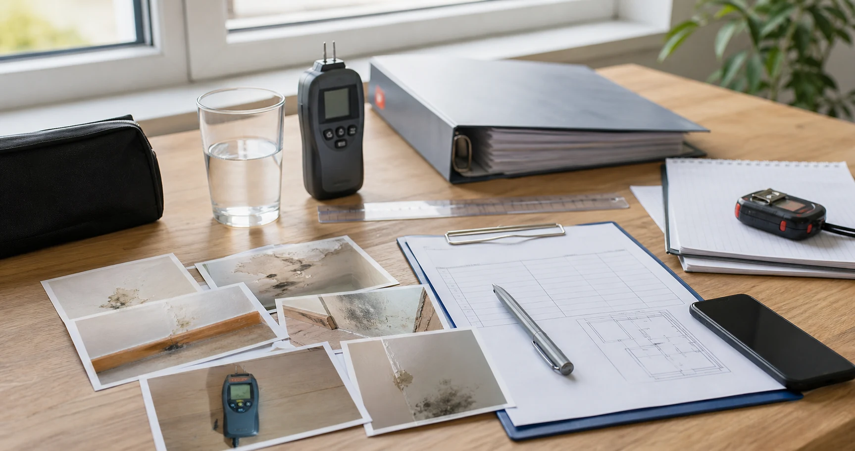 Neutraler Arbeitsplatz mit Schadensfotos, Notizen und Protokollunterlagen fuer einen Wasserschaden in einer Wohnung