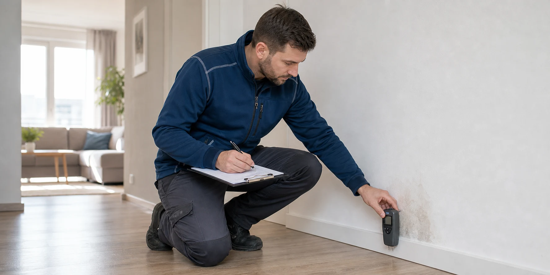 Leckortungstechniker dokumentiert in einer Wohnung eines Mehrparteienhauses sachlich einen Feuchtebereich an Wand und Boden