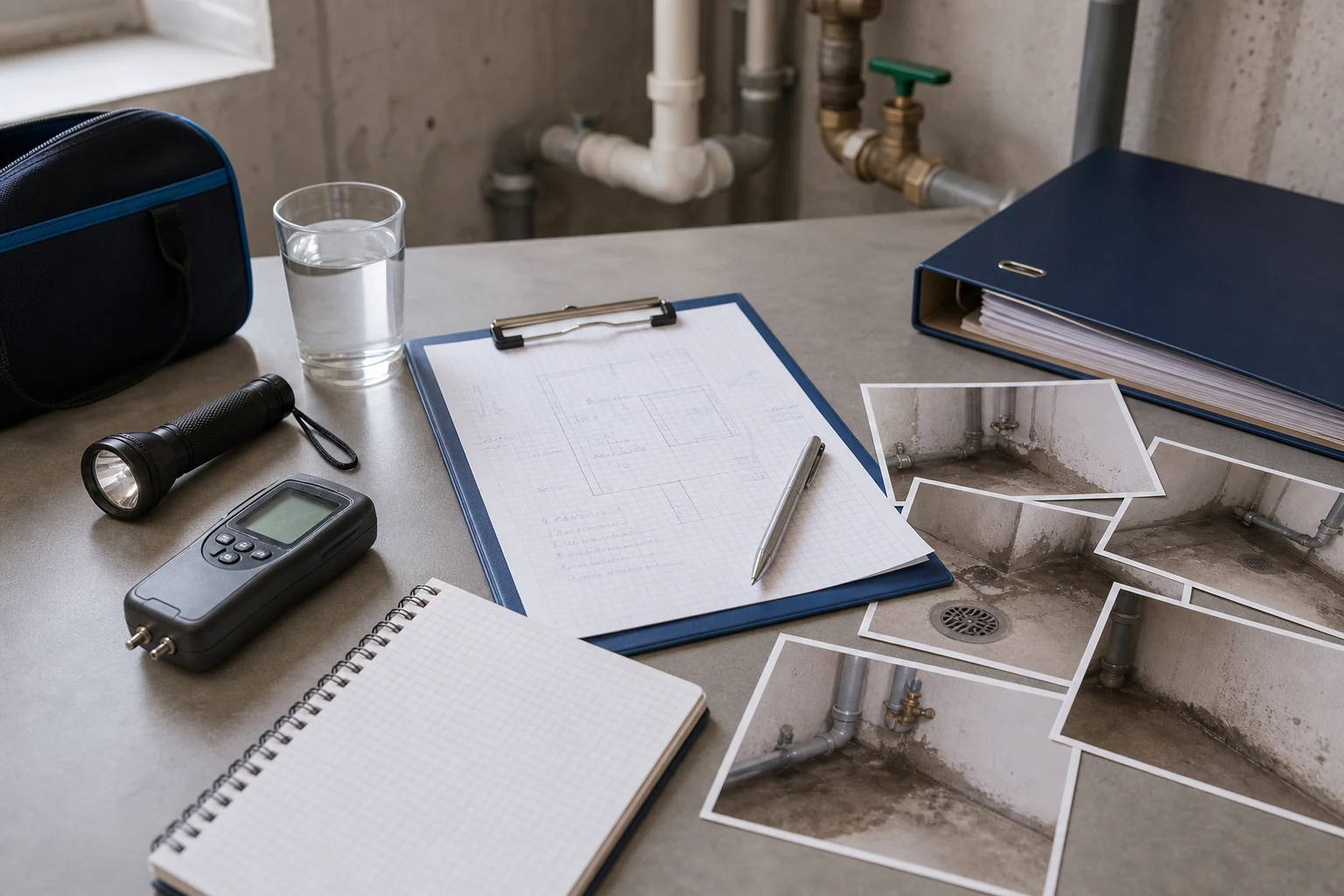 Neutraler Technikraum-Arbeitsplatz mit Fotos, Notizen und sauberer Dokumentation eines Wasserschadens