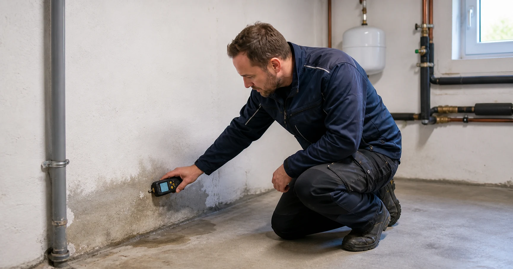 Sachliche Feuchtemessung an Kellerwand und Boden in einem Wohnhaus in Wien-Liesing