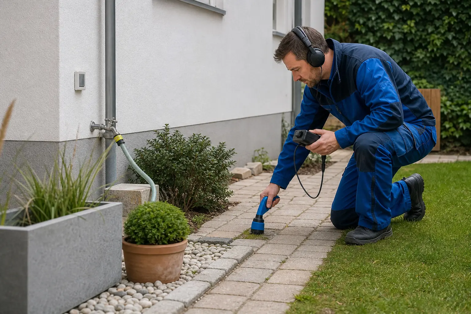 Kontrolle einer Aussenleitung in Garten- oder Hofbereich eines Wohnobjekts