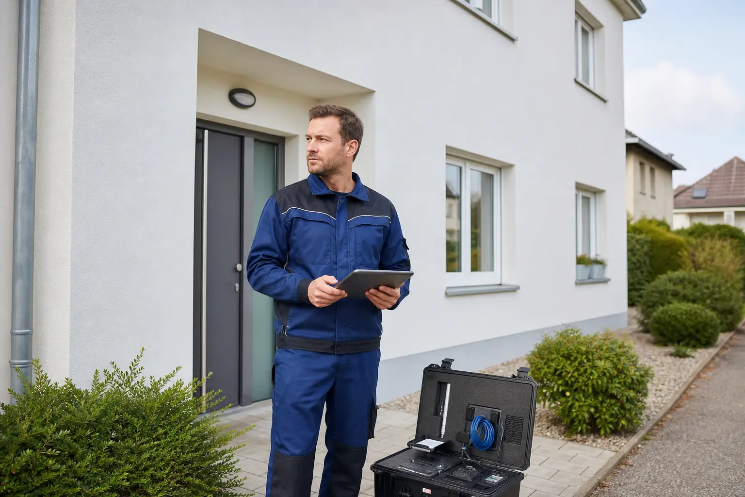 Leckortungstechniker vor einem Wohnobjekt mit typischem Niederoesterreich-Kontext in Korneuburg