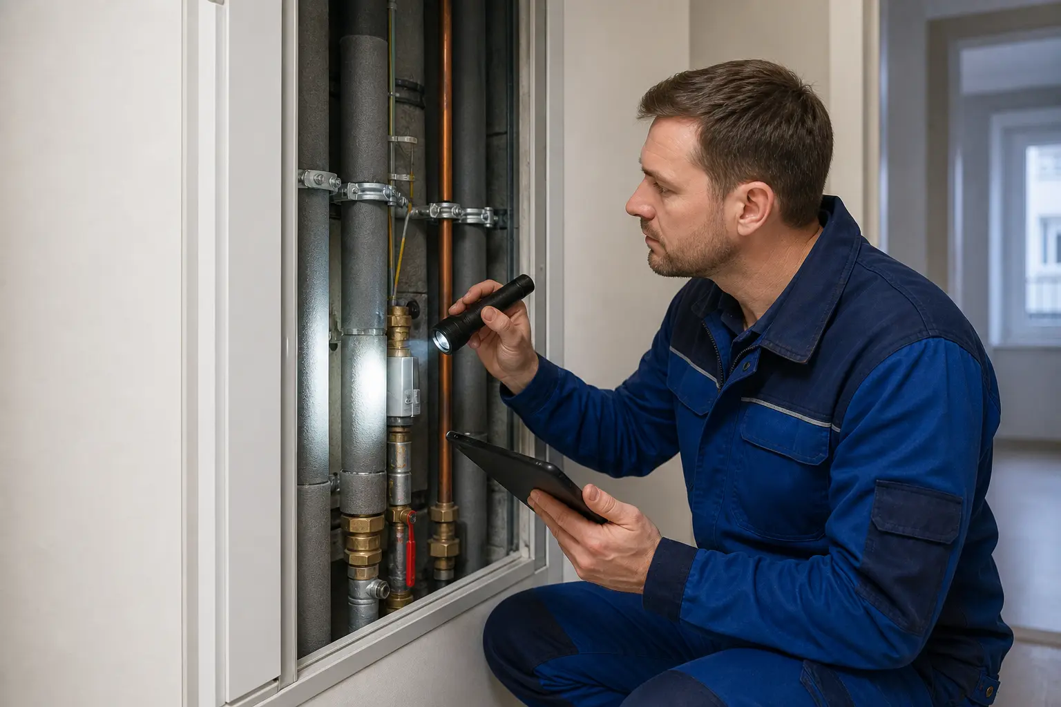 Technische Kontrolle eines Installationsschachts in einem Mehrparteienhaus