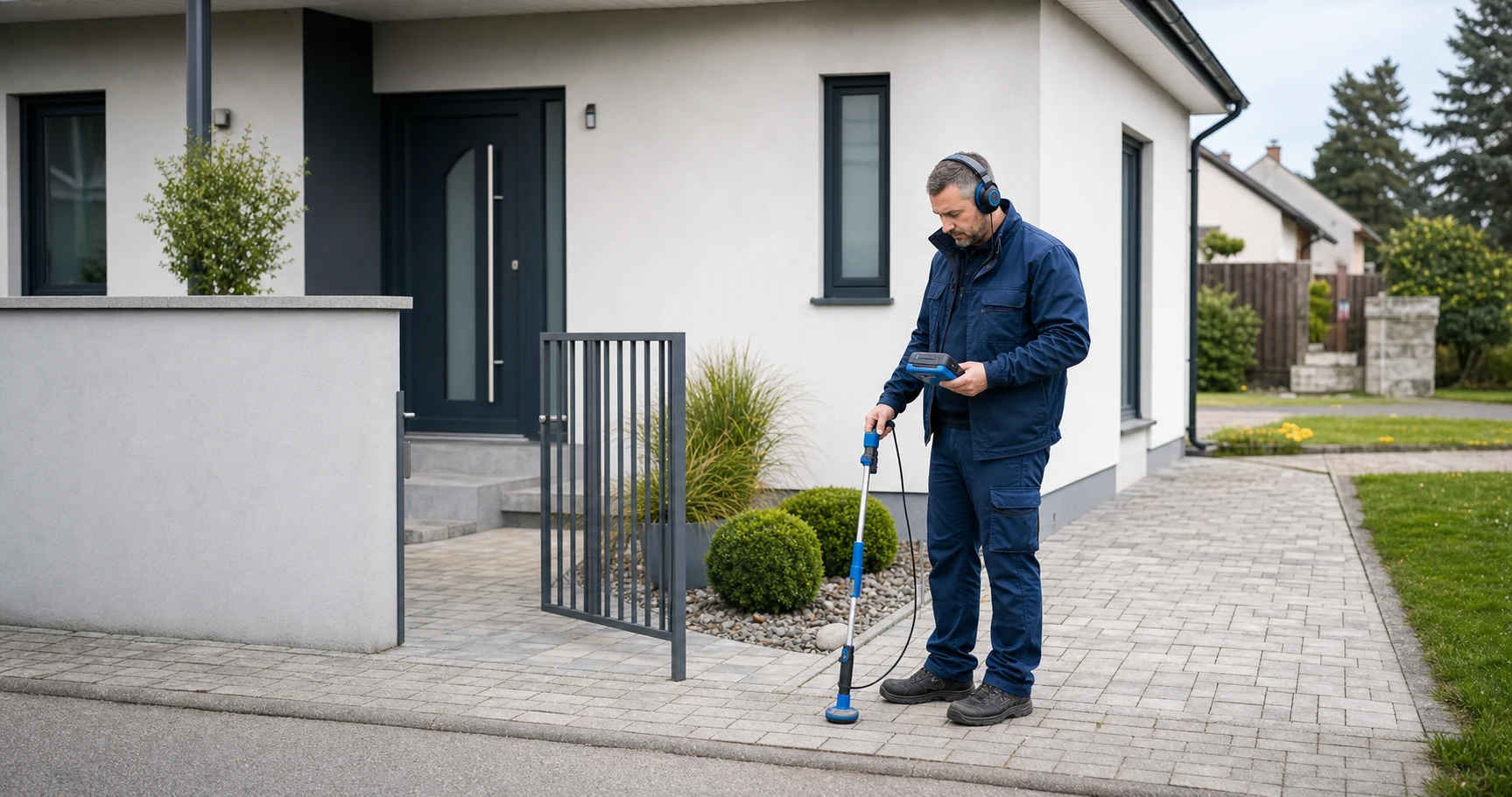 Leckortungstechniker vor einem Wohnobjekt mit typischem Niederoesterreich-Kontext in Gaenserndorf