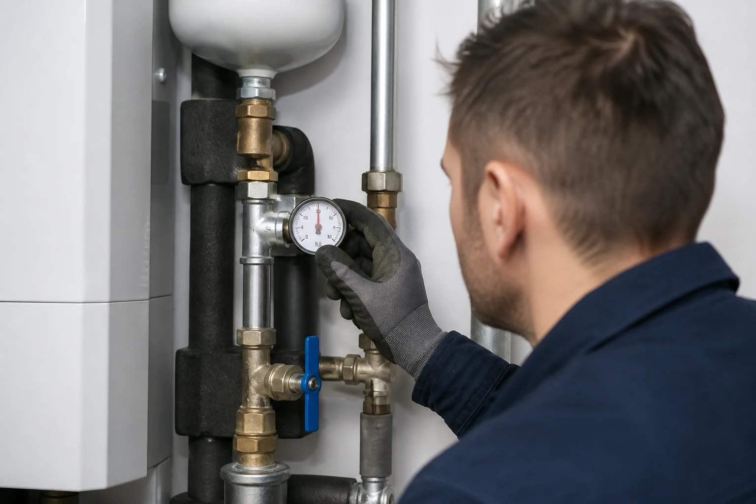 Techniker kontrolliert Manometer und Leitungsbereich einer Heizanlage bei Druckverlust