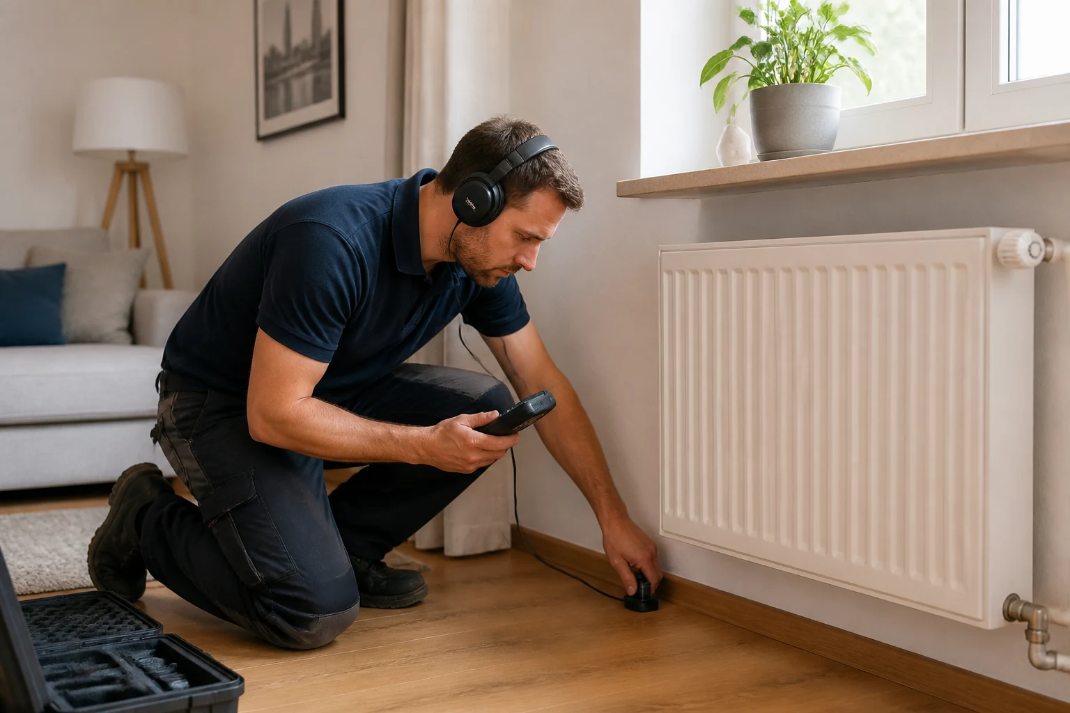 Techniker prueft im Wohnraum nahe einem Heizkoerper eine vermutete undichte Heizungsleitung