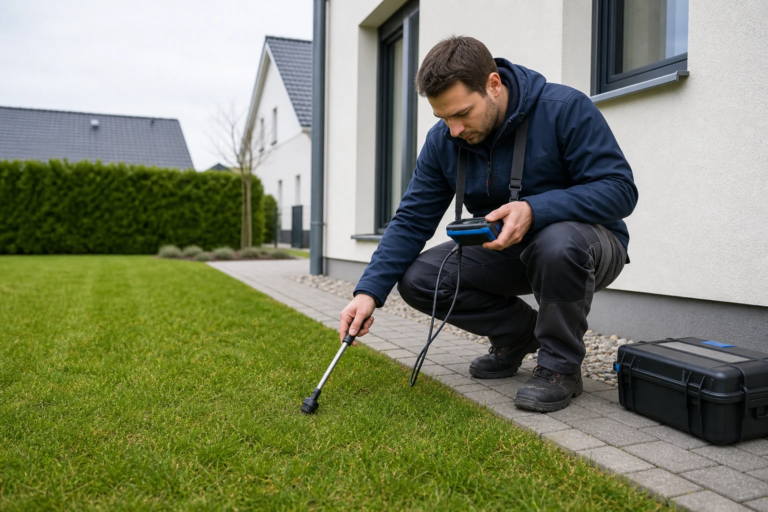 Techniker misst im Gartenbereich nahe einer vermuteten Aussenleitung mit einer Tracergas-Sonde