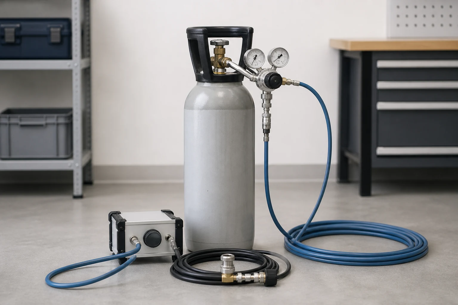 Neutrales Formiergas-Setup mit Flasche, Druckminderer und Schlauch fuer professionelle Leckortung