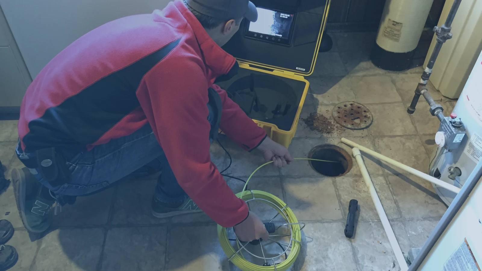 Techniker fuehrt eine Kamerainspektion an einer Abwasserleitung in einem Technikbereich durch