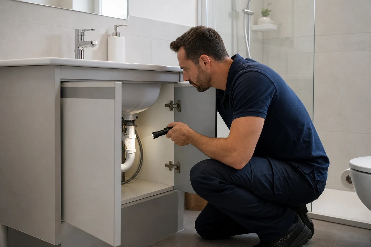 Techniker prüft Anschlüsse und Ablaufbereich in einem Badezimmer