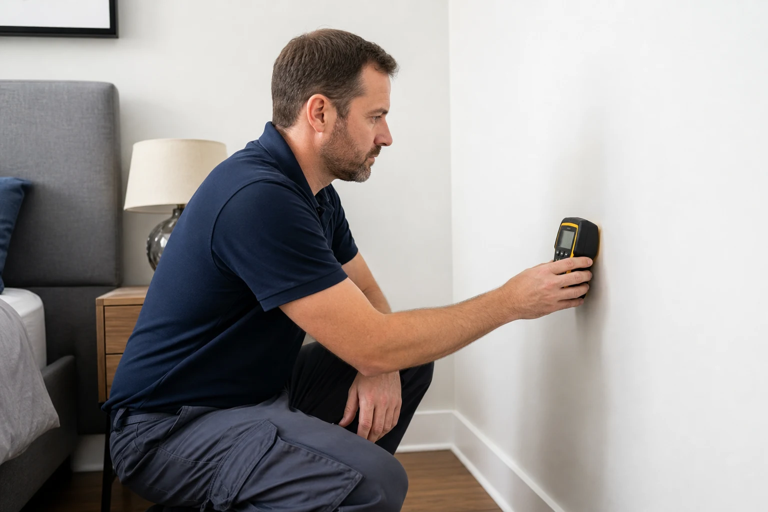 Techniker misst Feuchtigkeit an einer Innenwand in einem Schlaf- oder Wohnraum