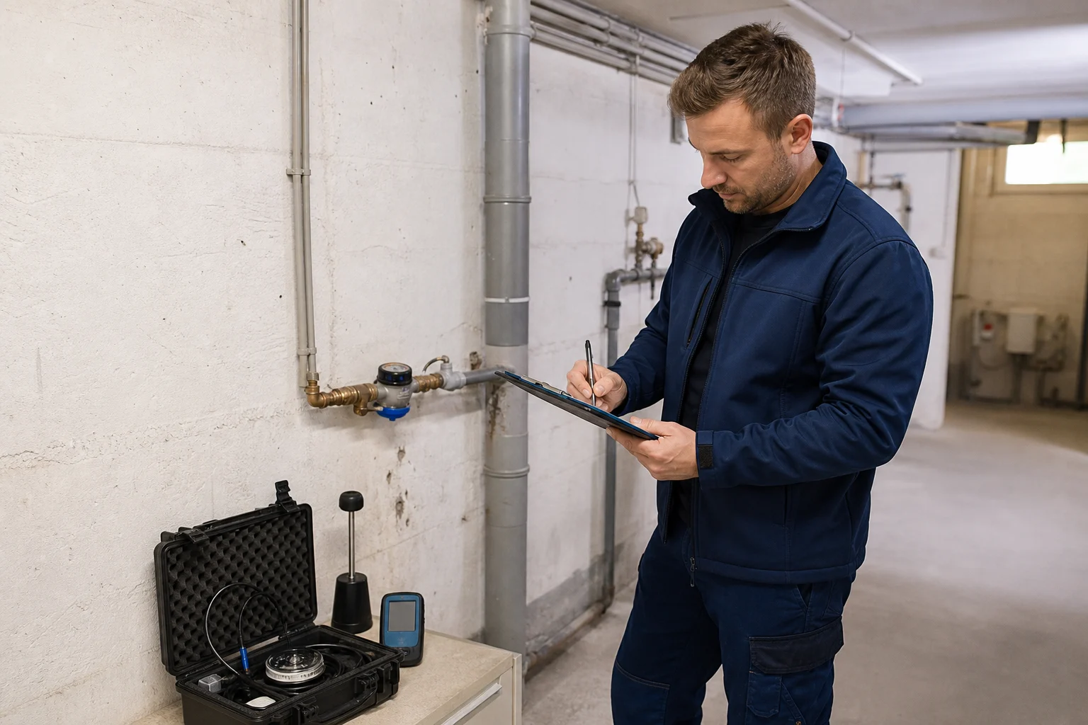 Techniker dokumentiert Messwerte in einem sauberen Keller- oder Technikbereich eines Wiener Wohnhauses