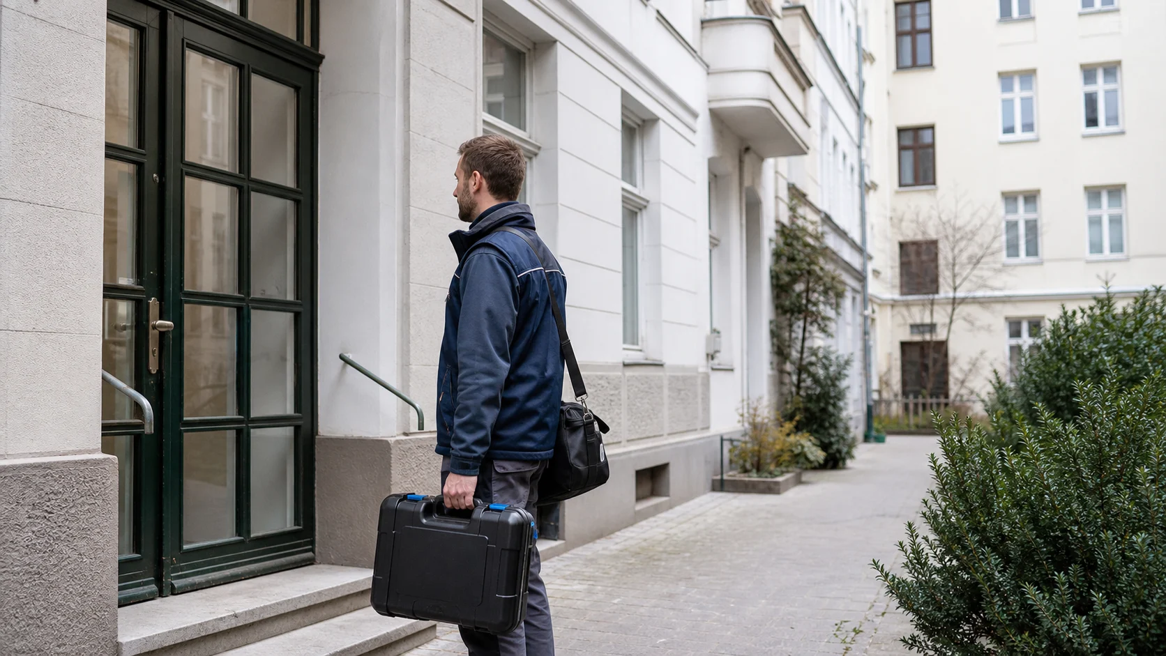 Leckortungstechniker vor einem gepflegten Wiener Wohnhaus in dicht bebauter Umgebung in Brigittenau
