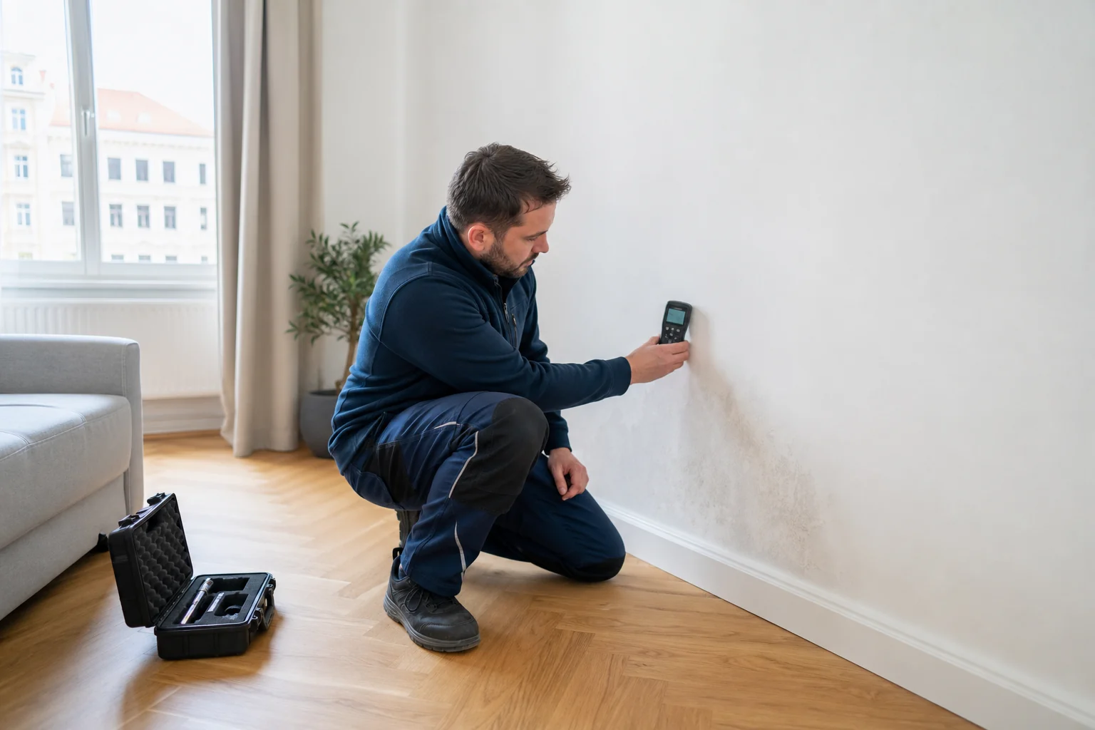 Leckortungstechniker bei der Erstbegehung in einer hochwertigen Altbauwohnung in Wien