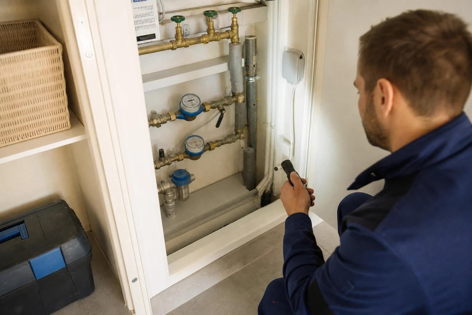Techniker kontrolliert einen Hausanschluss- oder Wasserzählerraum in einem Wohnhaus