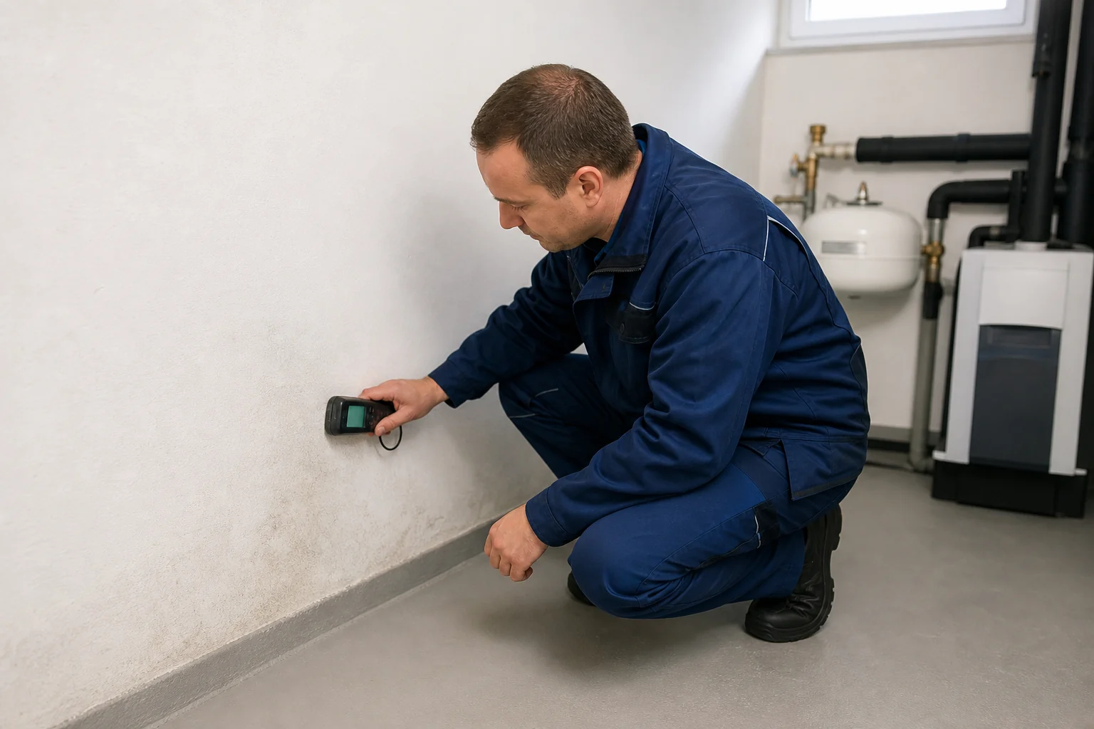 Feuchtemessung an einer Kellerwand wegen modrigem Geruch