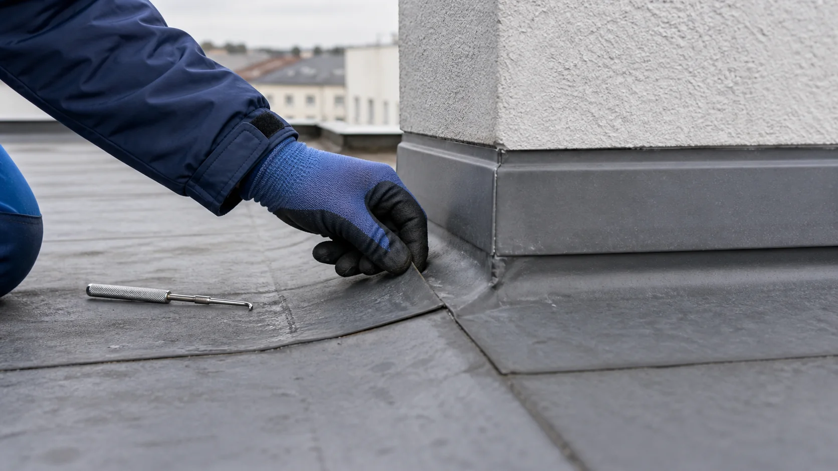 Prüfung eines Anschlussbereichs an aufgehenden Bauteilen auf einem Flachdach