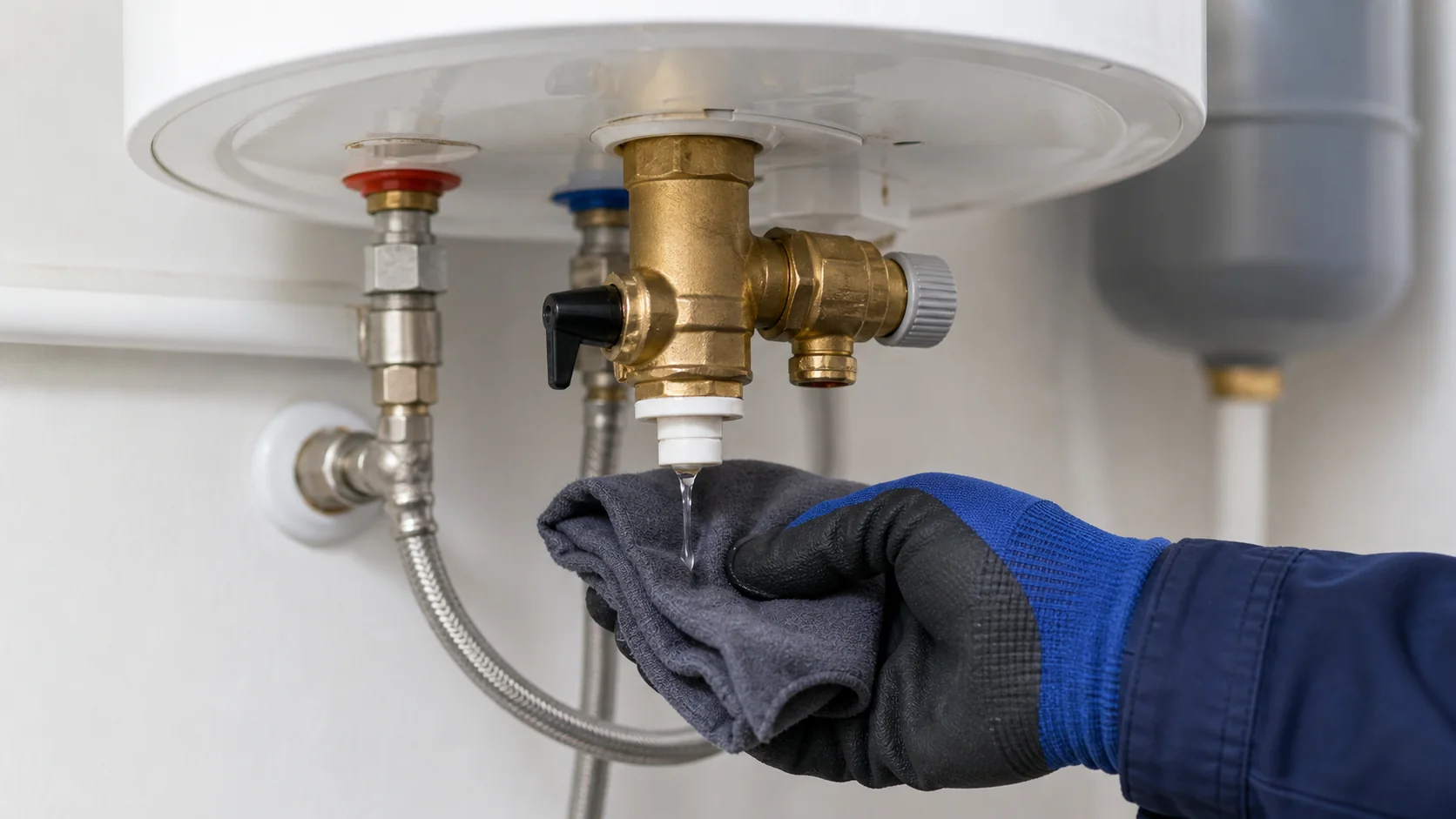 Nahaufnahme einer Sicherheitsgruppe an einem Warmwasserspeicher
