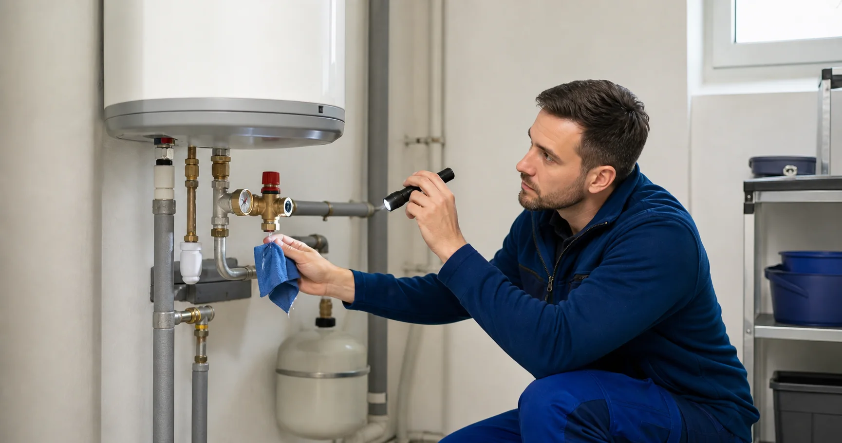 Prüfung eines tropfenden Warmwasserboilers in einem Technik- oder Abstellraum