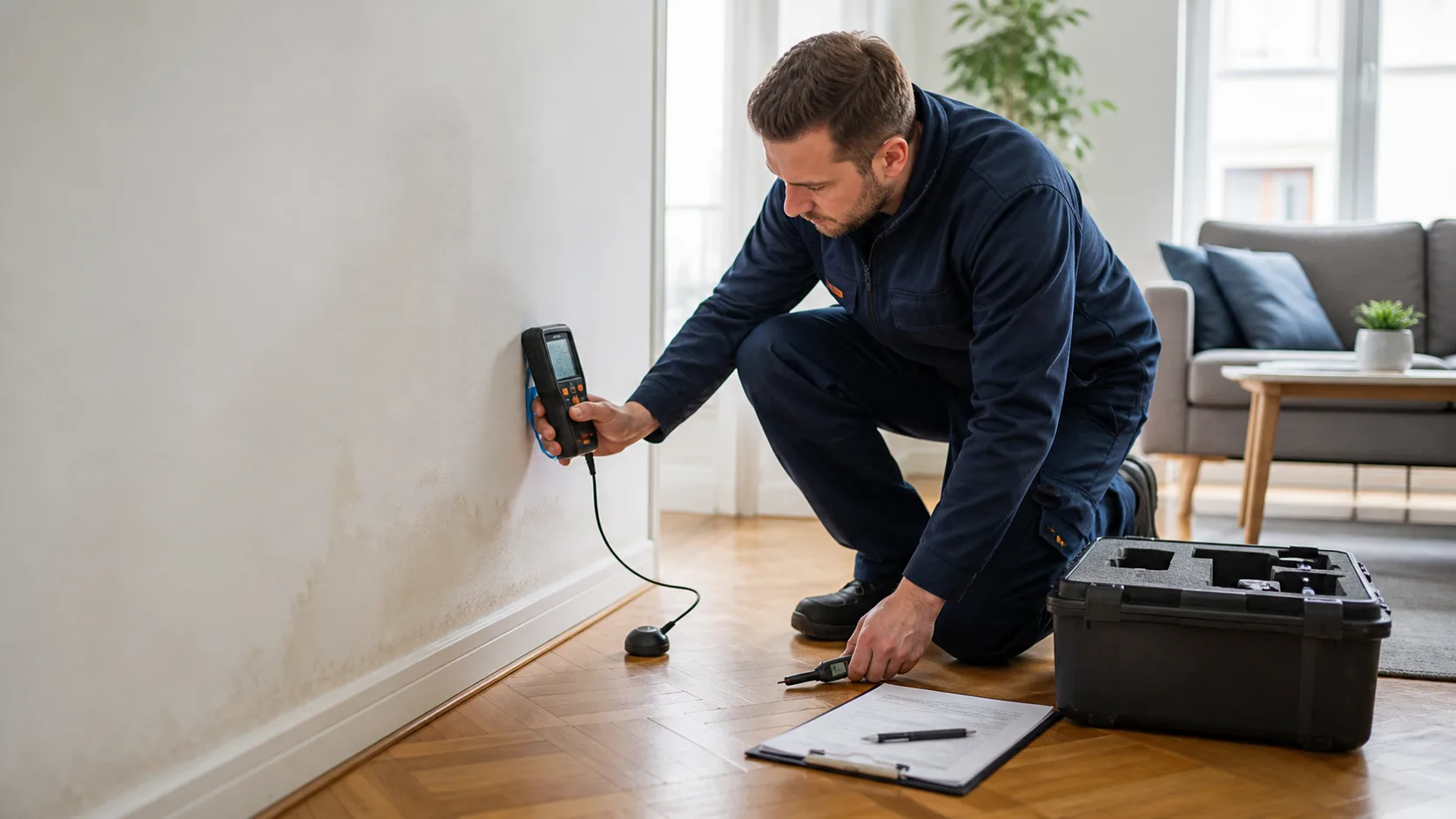 Feuchtigkeitsmessung nach Wasserschaden an Wand und Boden
