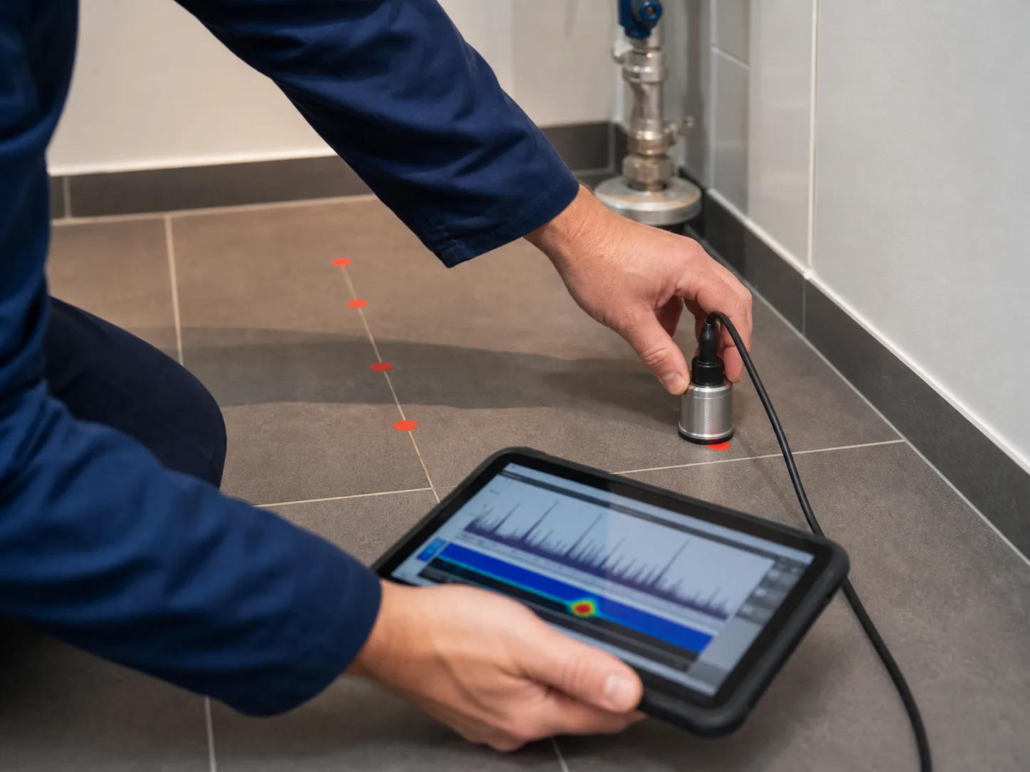 Akustische Rohrbruchsuche mit Sensor und Messgerät