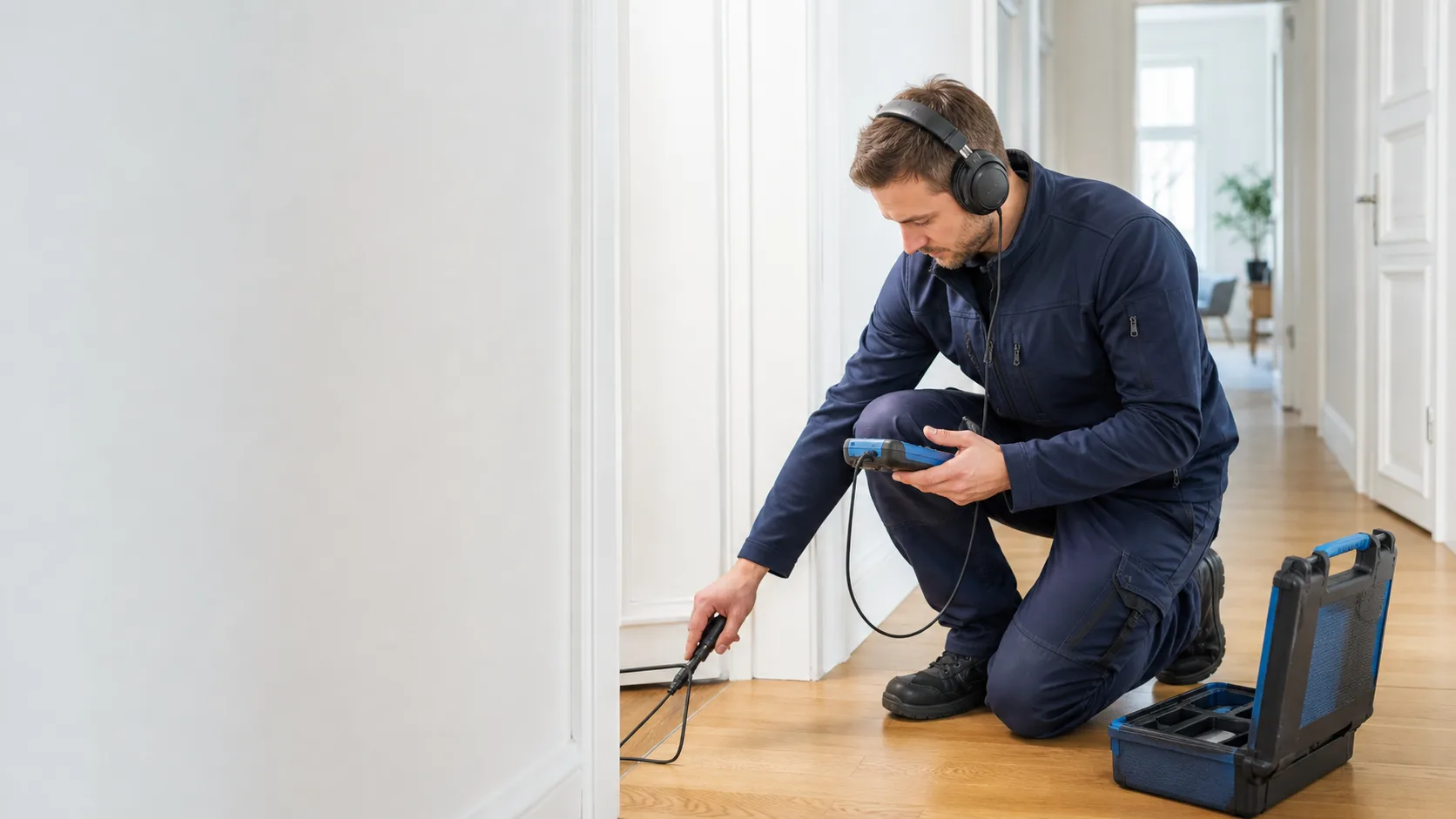 Techniker bei der Rohrbruchsuche in einer Wohnung
