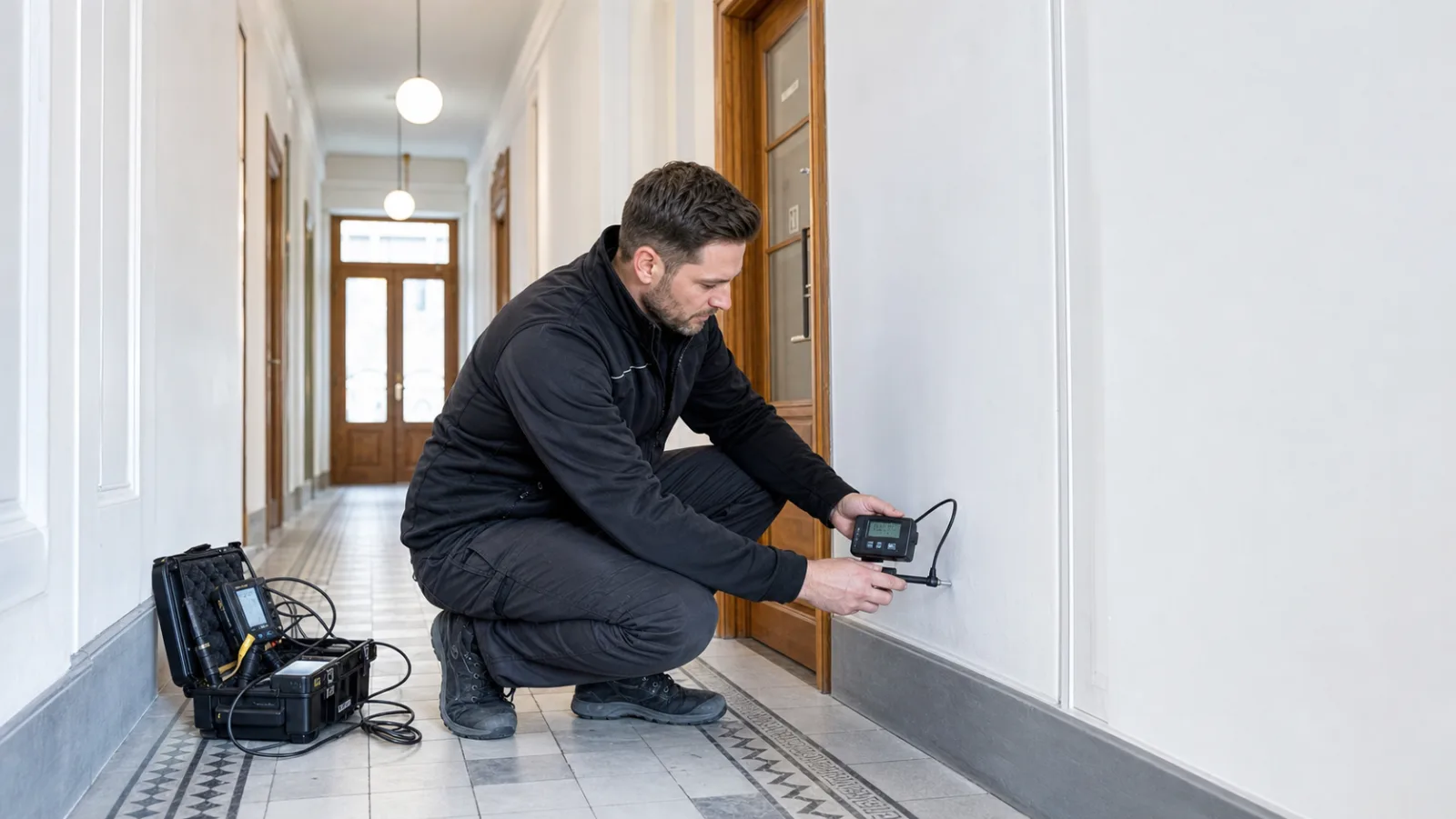 Leckortungstechniker bei der Feuchtemessung in einem Wohnhaus in 1050 Margareten