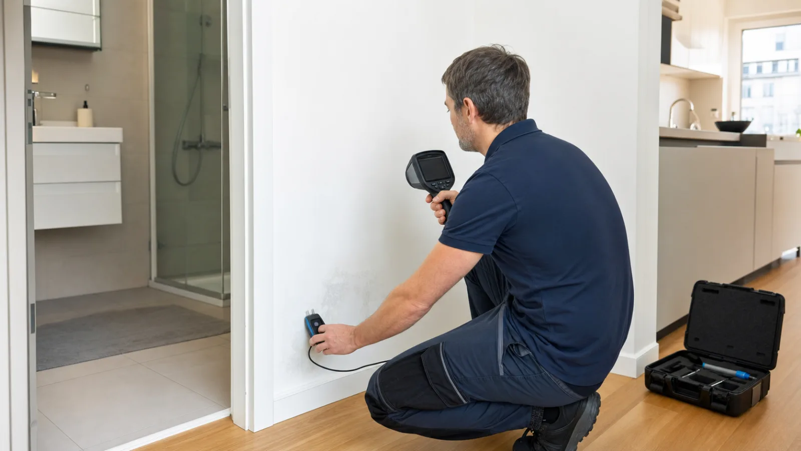 Techniker untersucht eine undichte Wasserleitung in der Wand