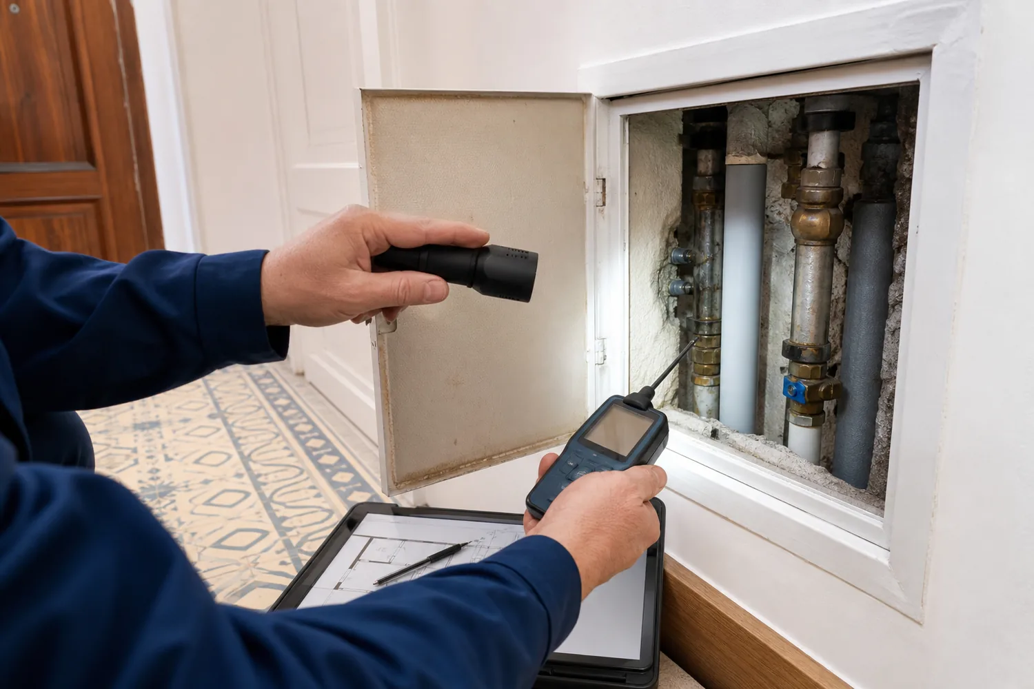Feuchtemessung an einem geöffneten Rohrschacht im Altbau