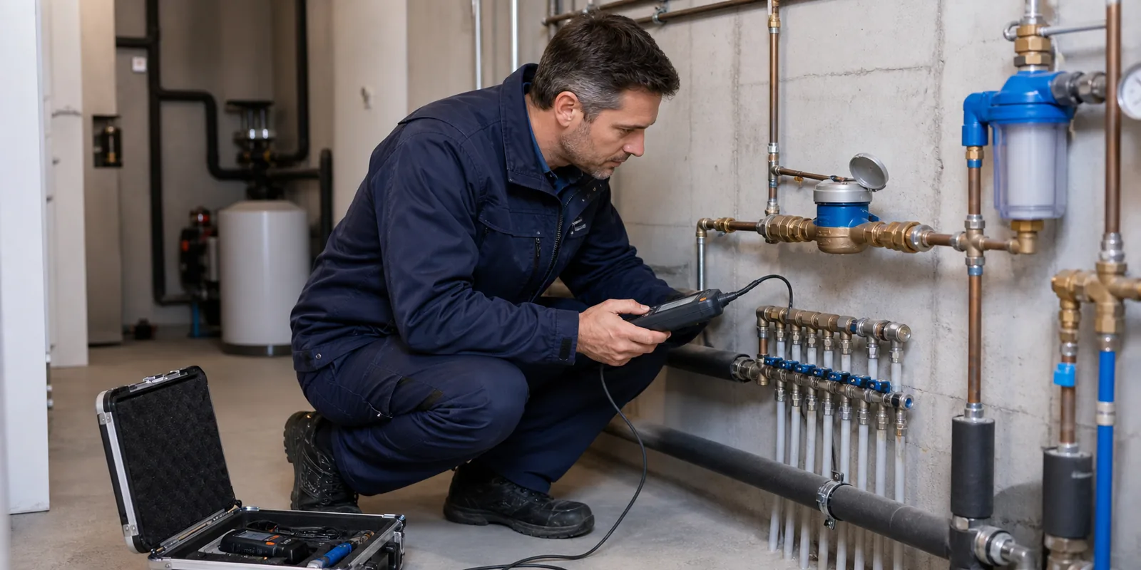 Leckortungstechniker prüft Wasserzähler und Leitung im Technikraum