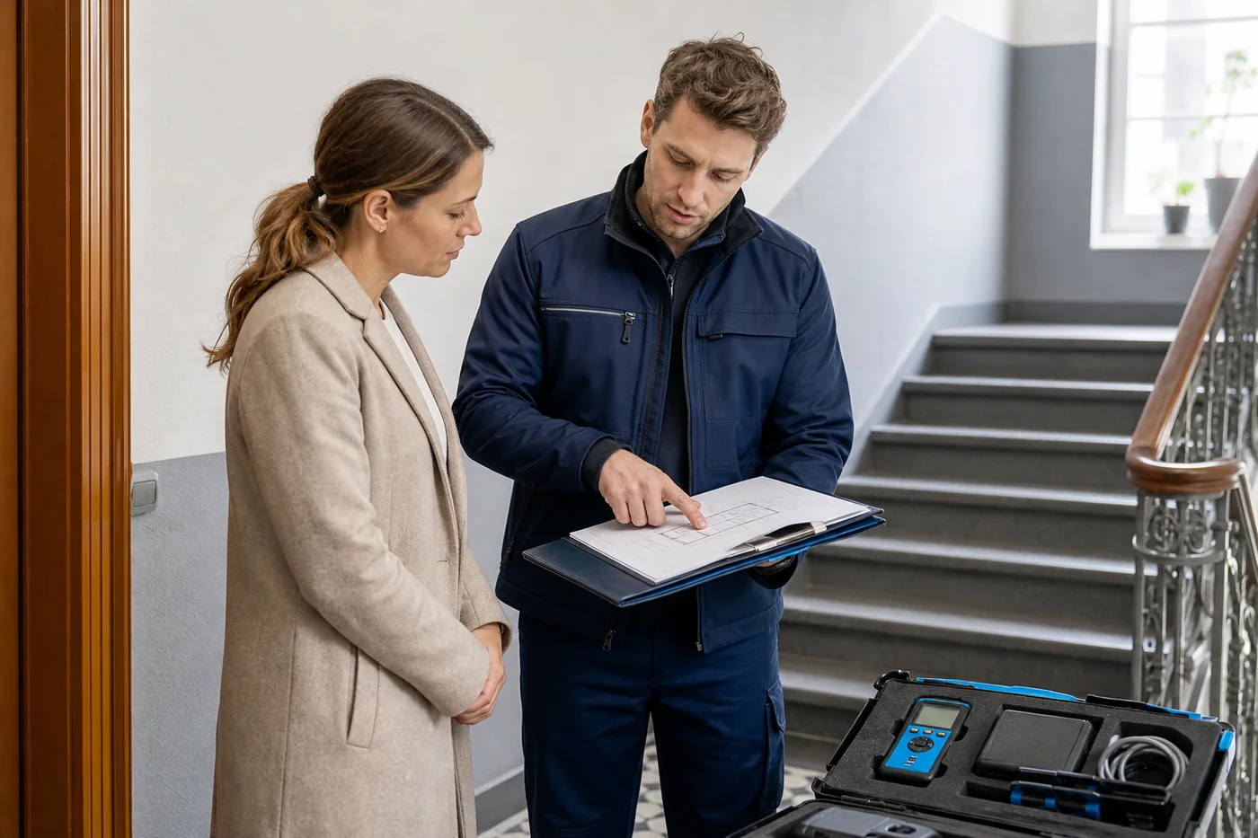 Techniker und Hausverwaltung besprechen Wasserschaden-Dokumentation
