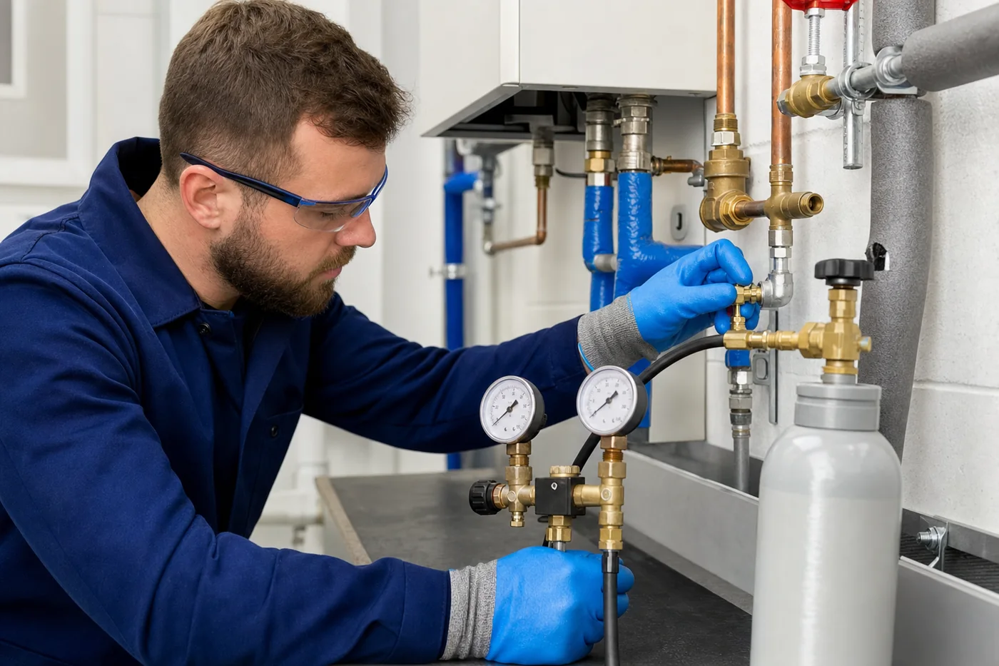 Druckprüfung und Tracergas-Vorbereitung an einer Trinkwasserleitung