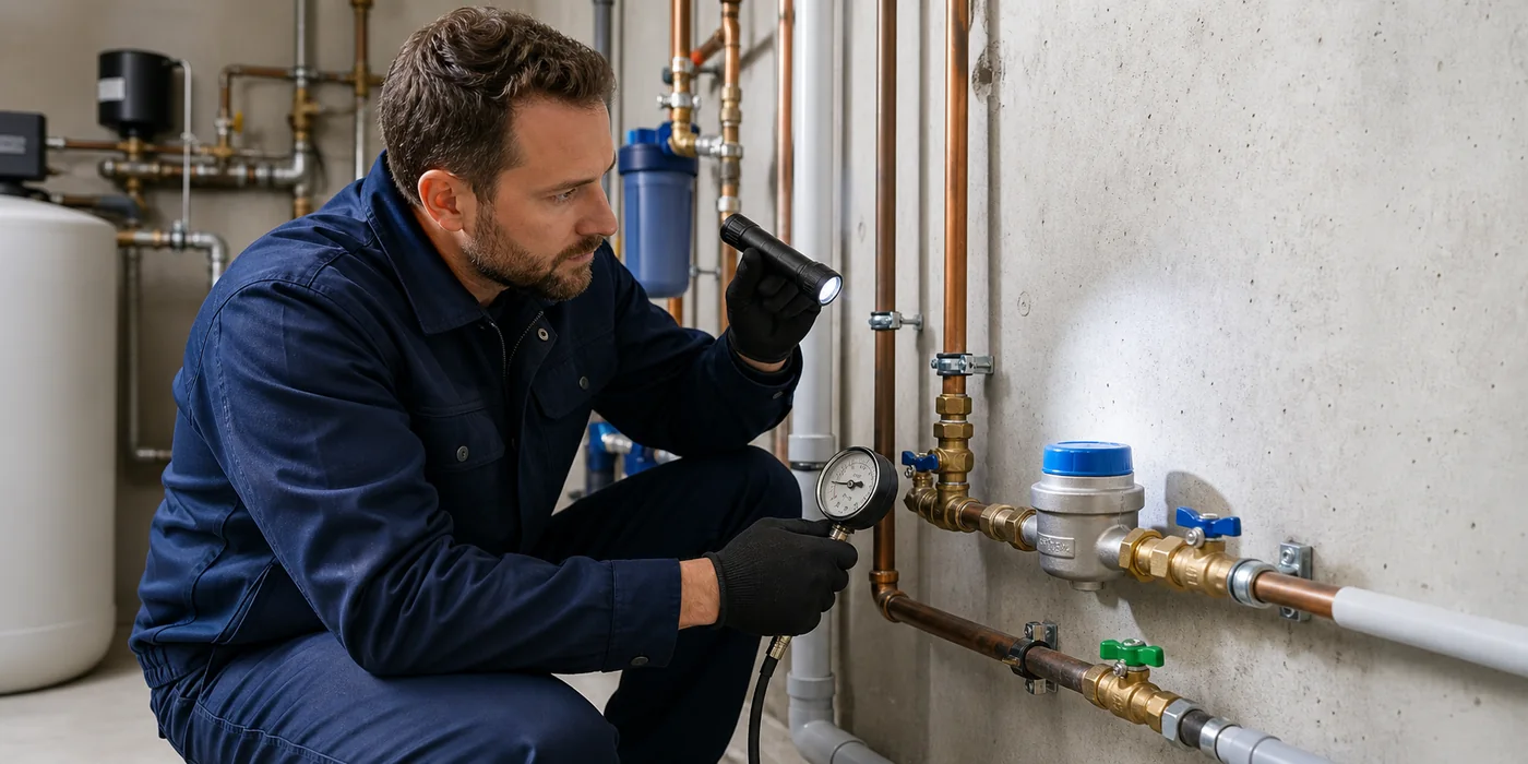 Techniker prüft Trinkwassernetz im Bereich Wasserzähler und Absperrventile