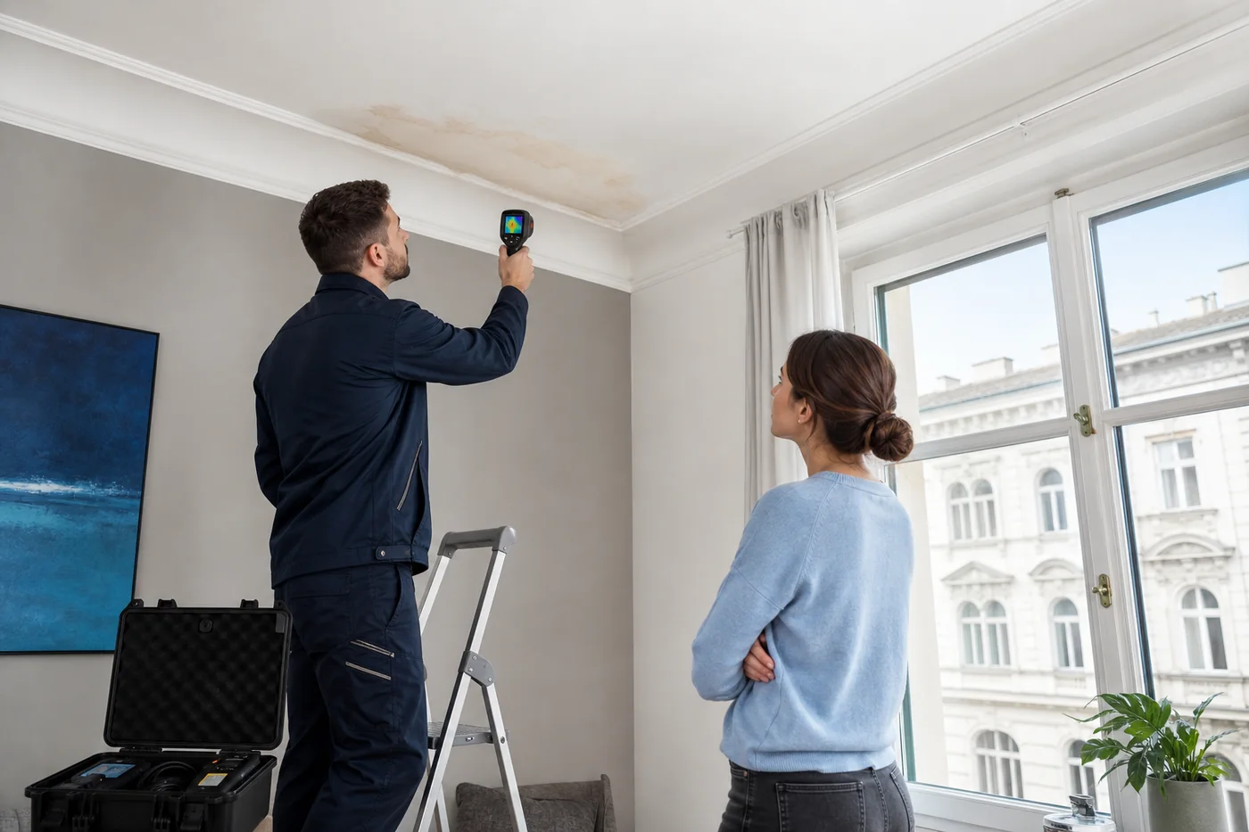 Techniker untersucht Wasserfleck an Decke und Wand