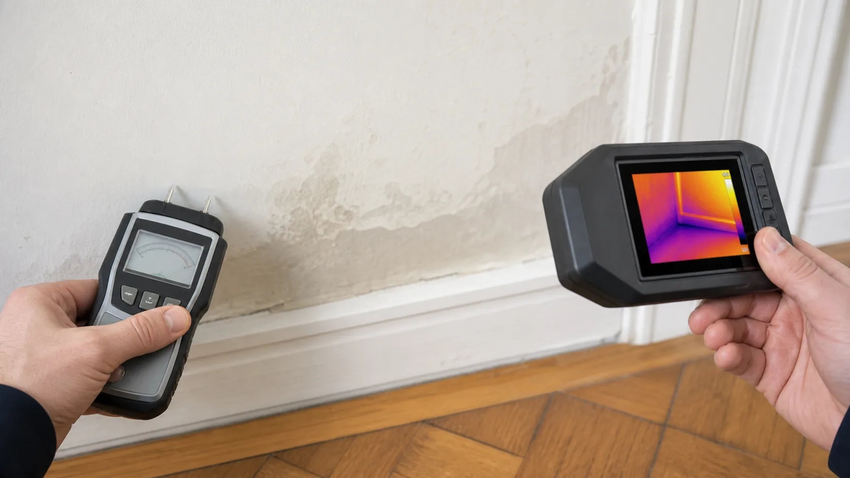 Feuchtemessung und Thermografie an einer Altbauwand