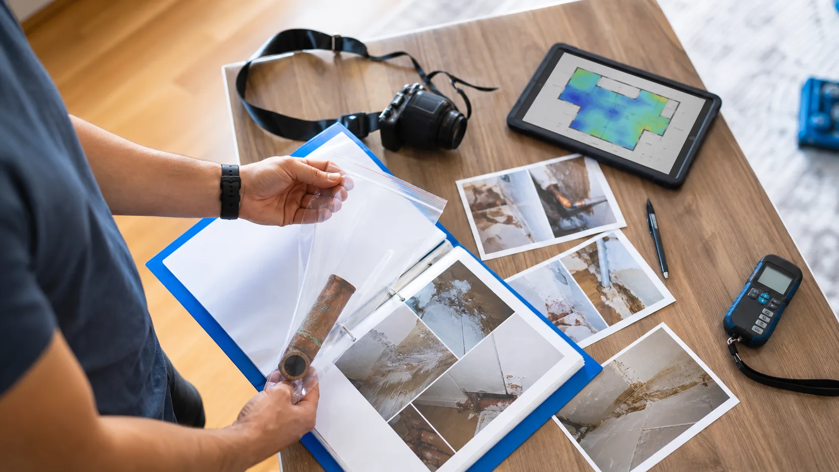 Unterlagen, Fotos und Messwerte werden für die Schadenabwicklung sortiert