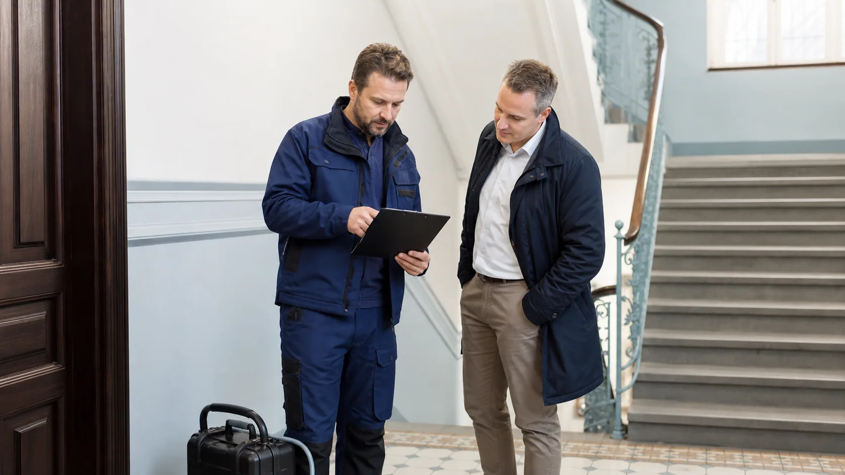 Techniker und Hausverwaltung planen Zugang im Wiener Stiegenhaus