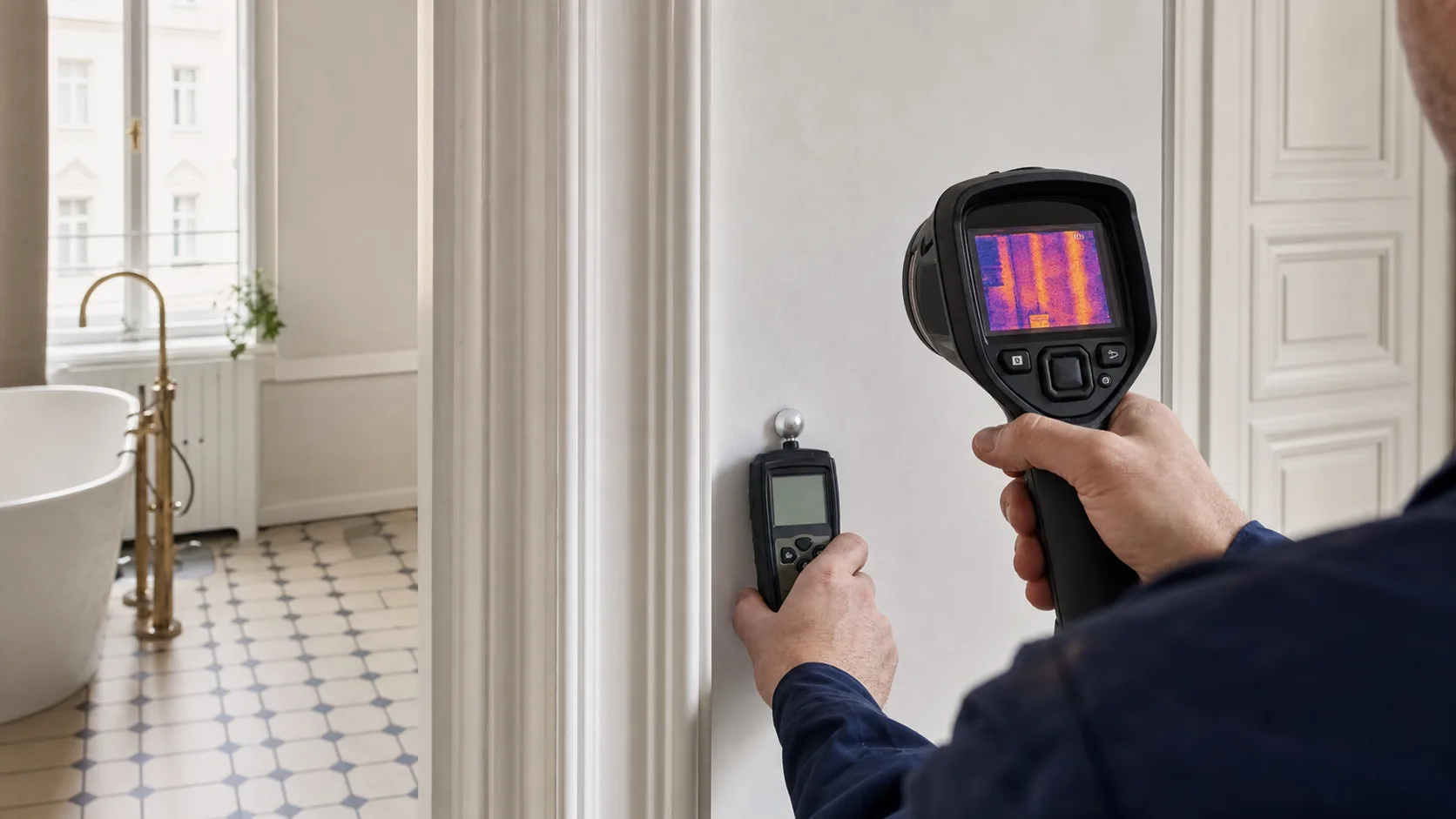 Thermografie und Feuchtemessung an einer Badwand im Altbau
