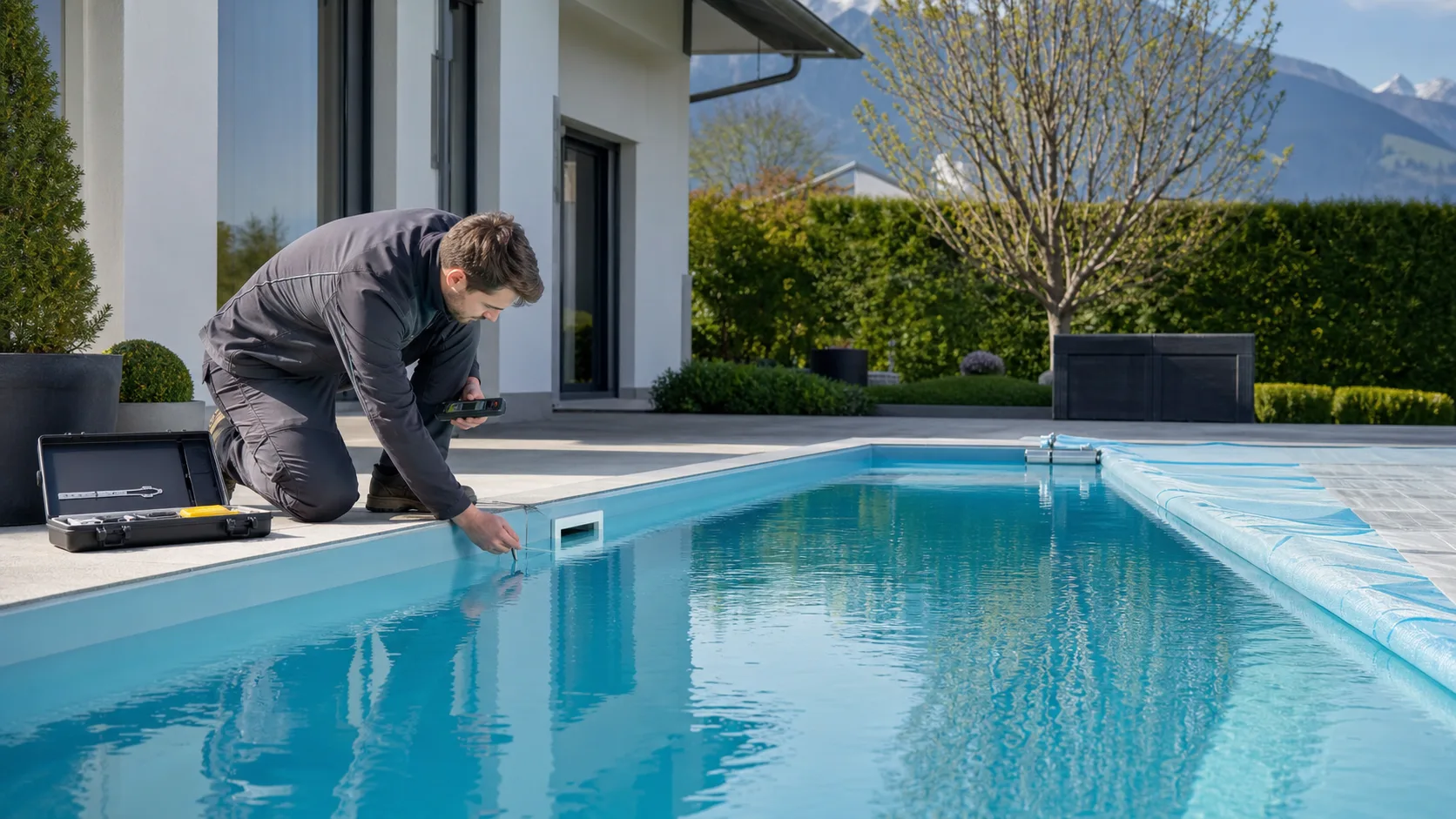 Pool-Leckortung nach dem Winter am Skimmer und an der Wasserlinie