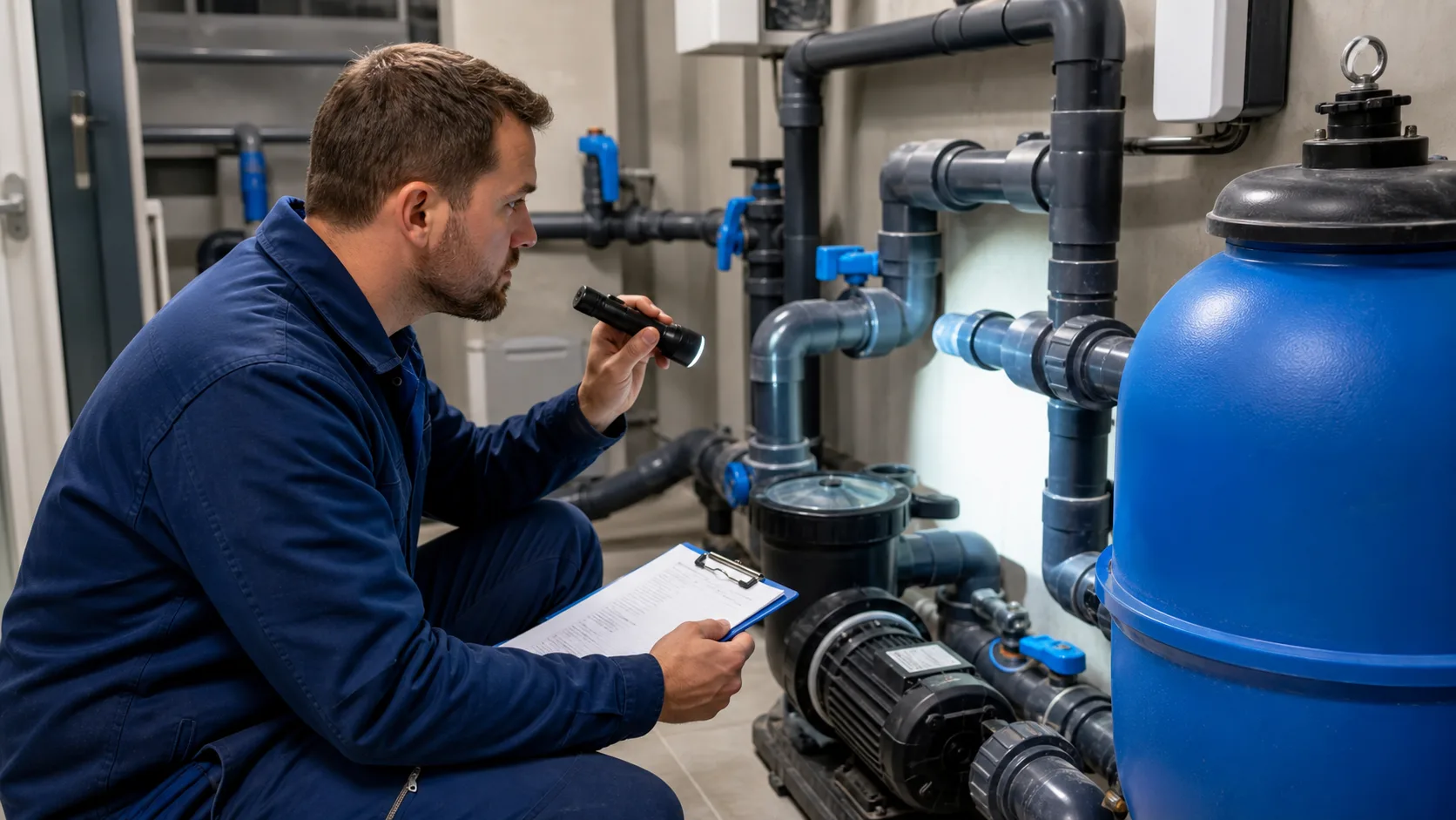 Pooltechnik wird nach dem Winter auf Frostschäden und undichte Anschlüsse geprüft