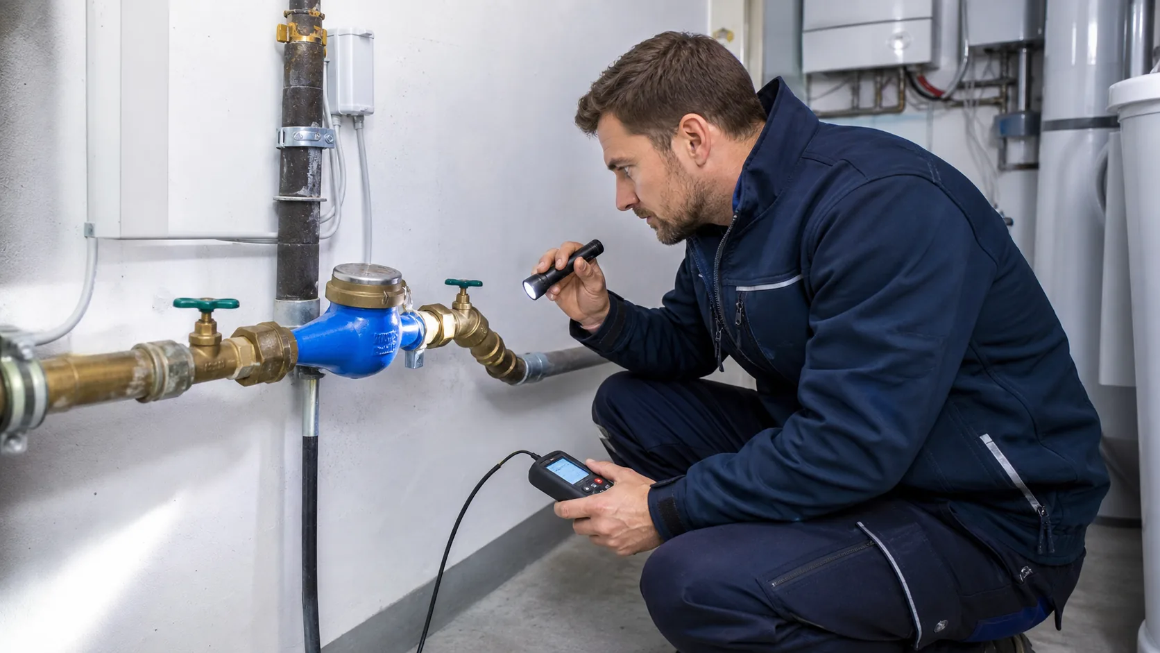 Leckortung in St. Pölten im Technikraum mit Wasserzählerprüfung