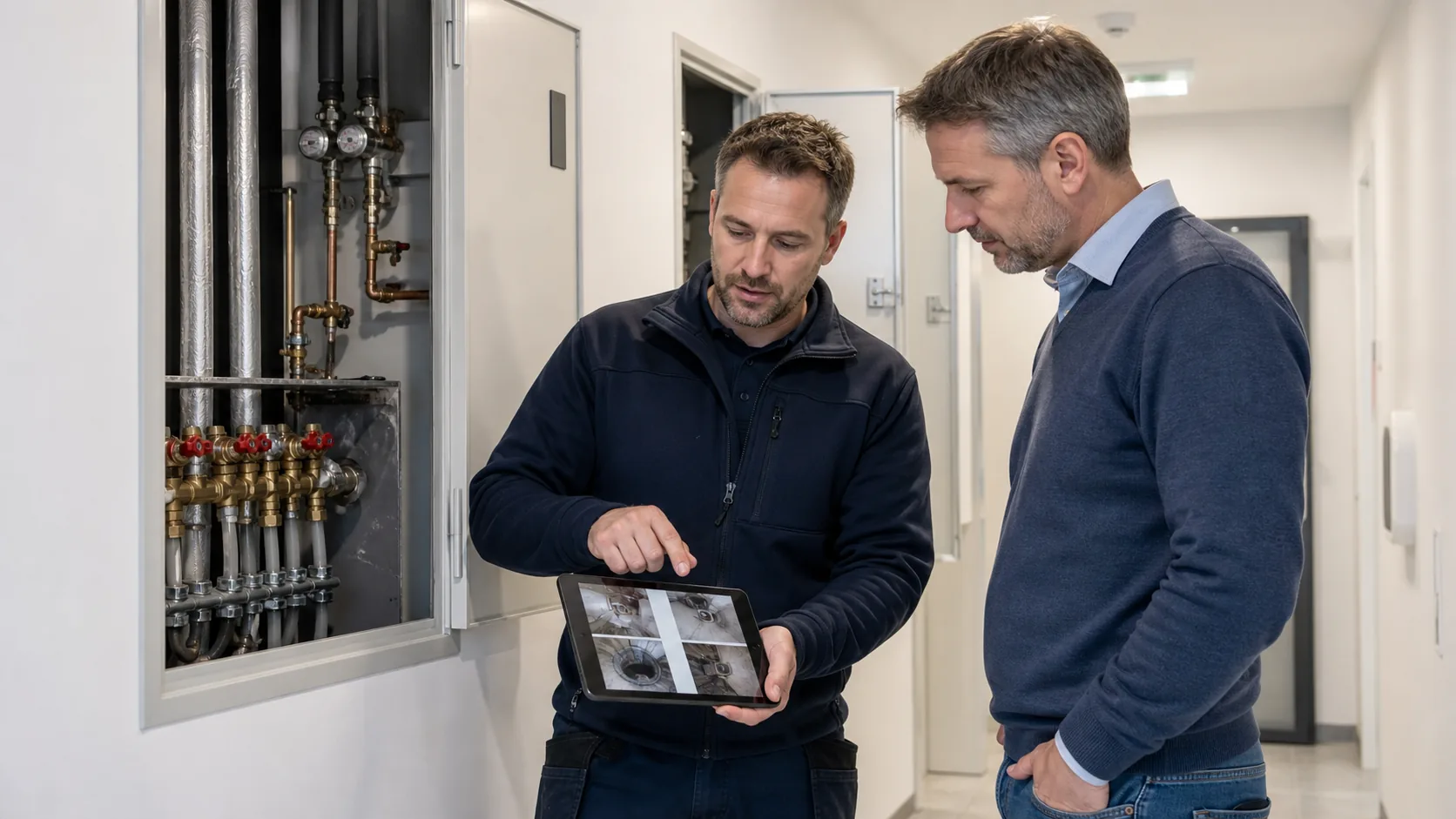 Techniker erklärt Zugang und Dokumentation in einem Technikraum