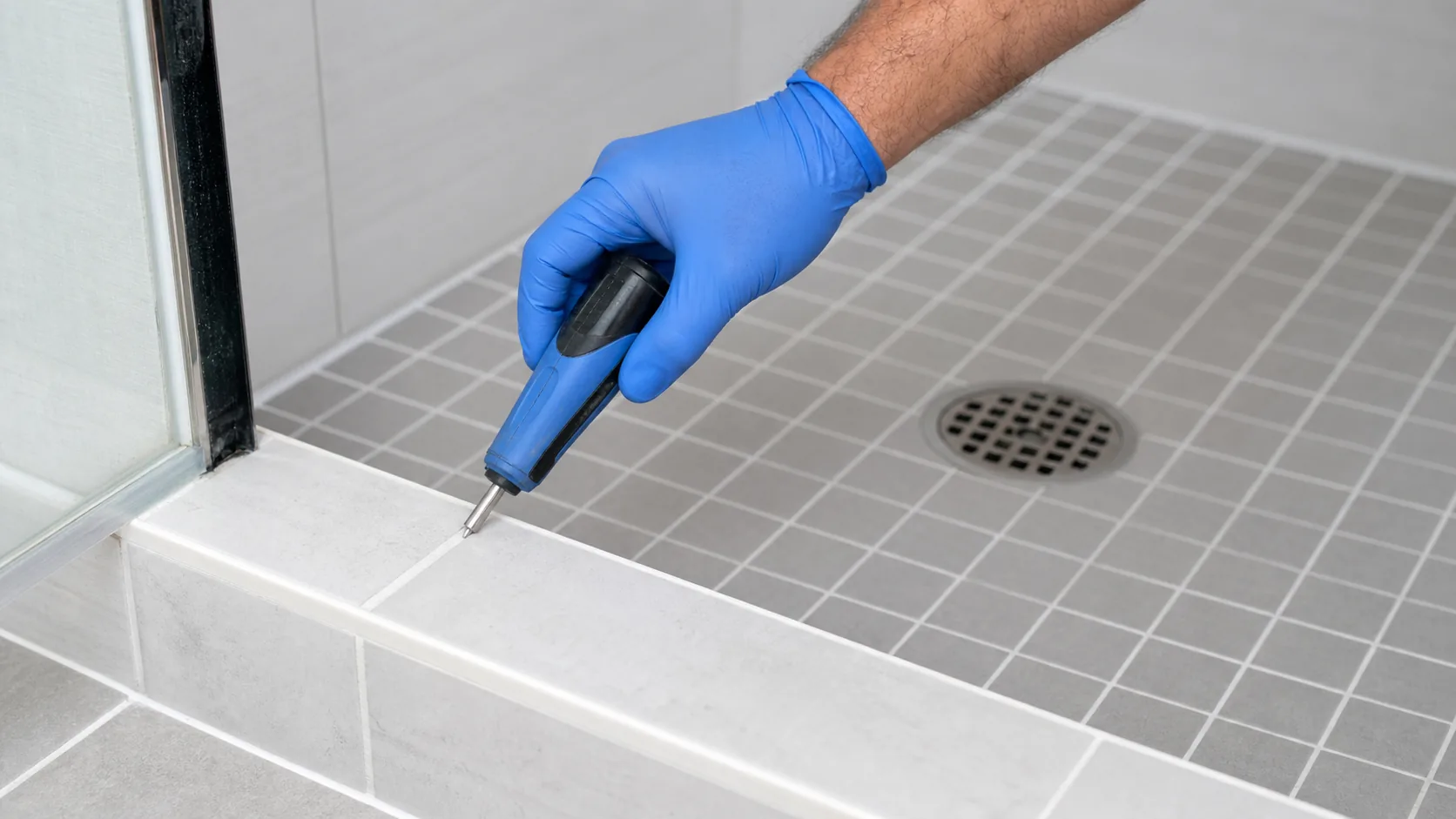 Feuchtemessung an Fuge und Ablauf im Badezimmer