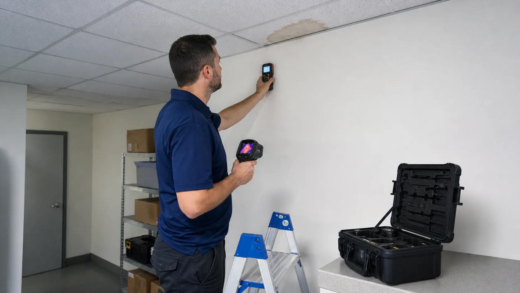 Feuchtemessung an Decke und Wand in einer Gewerbefläche